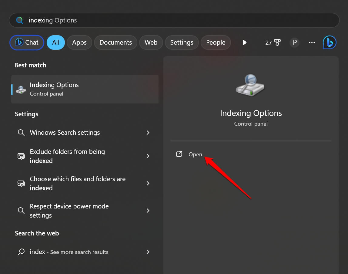 open indexing options