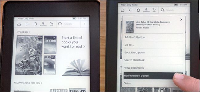 Обложка книги на домашней странице Kindle; показано меню удаления с устройства