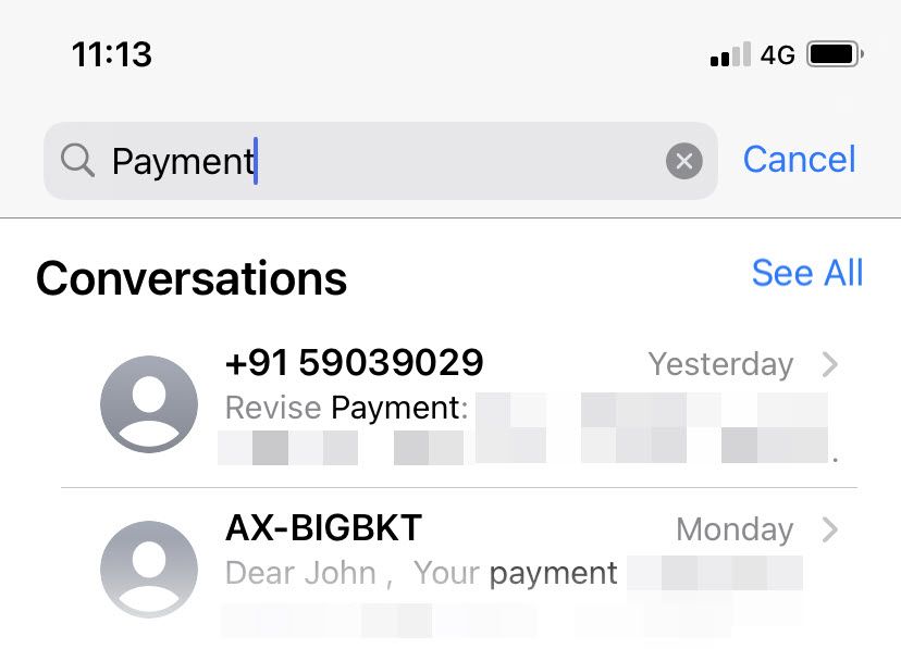 Строка поиска в приложении «Сообщения» на iPhone