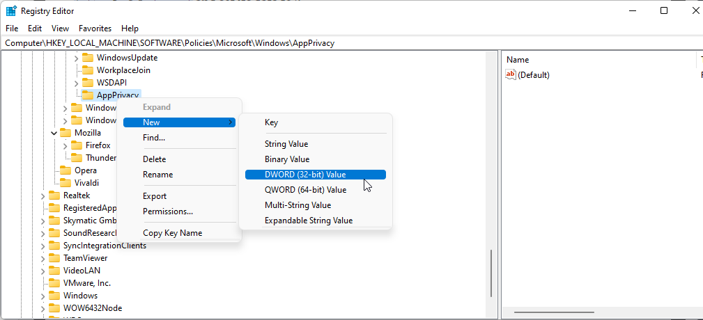 Редактор реестра — создание DWORD LetAppsRunInBackground