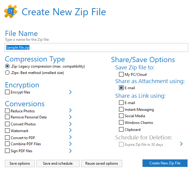 Опции WinZip: сохранить на ПК, отправить в облако или по электронной почте