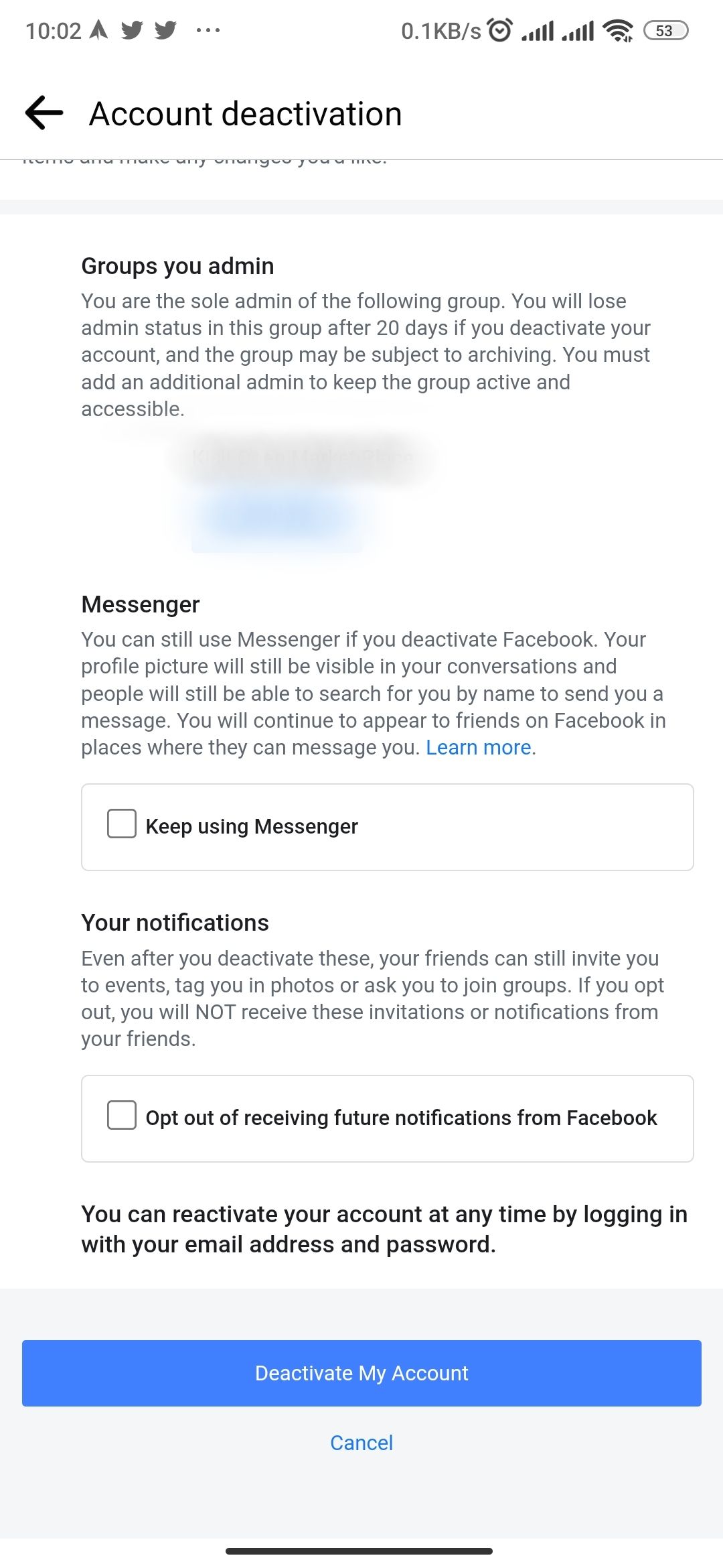 Последний шаг: подтверждение деактивации аккаунта Facebook на Android