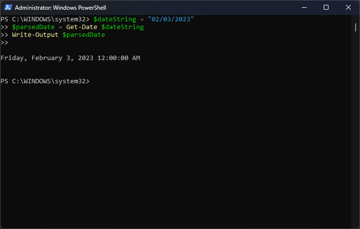 Скриншот PowerShell с Get-Date
