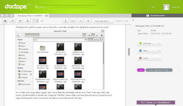 Doctape Web-App zeigt ODT-Datei mit geladenen Bildern