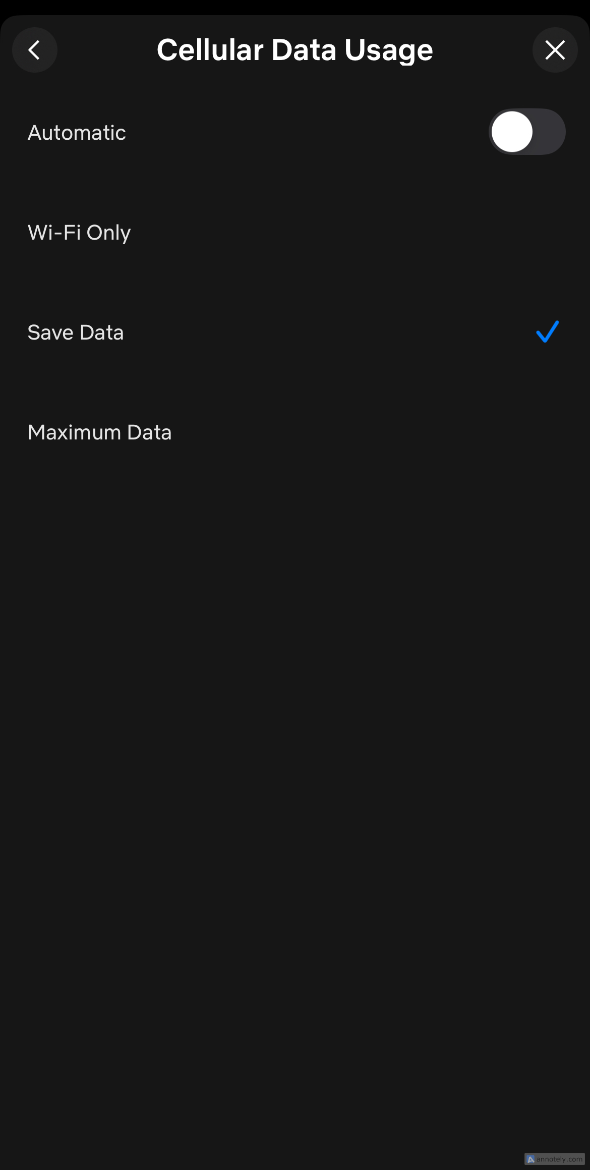 Изменение настроек использования мобильного трафика в приложении Netflix.