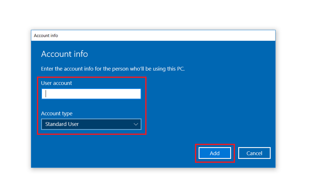 Ввод данных рабочей учётной записи при создании пользователя Windows 10