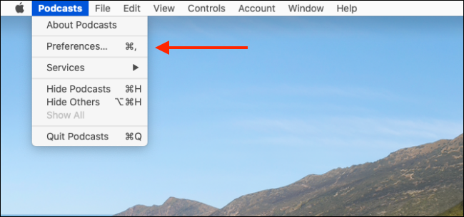 Открыть Настройки из меню Подкасты