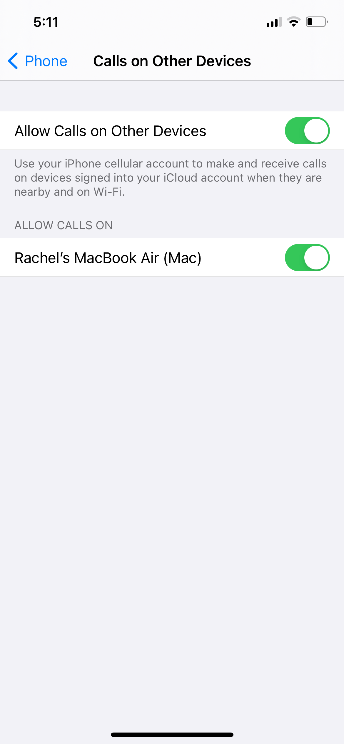 Экран iPhone 'Звонки на других устройствах'