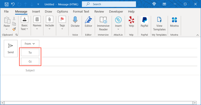 Кнопки Кому и Копия в окне Outlook
