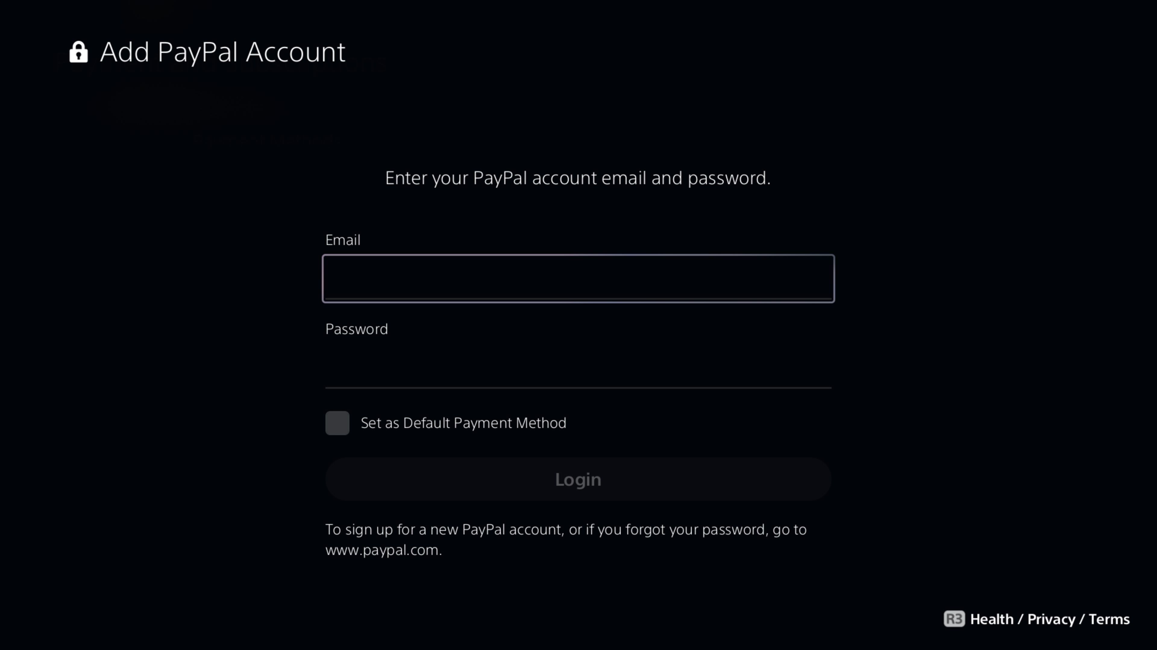 Страница добавления PayPal с полями email и пароля на PS5