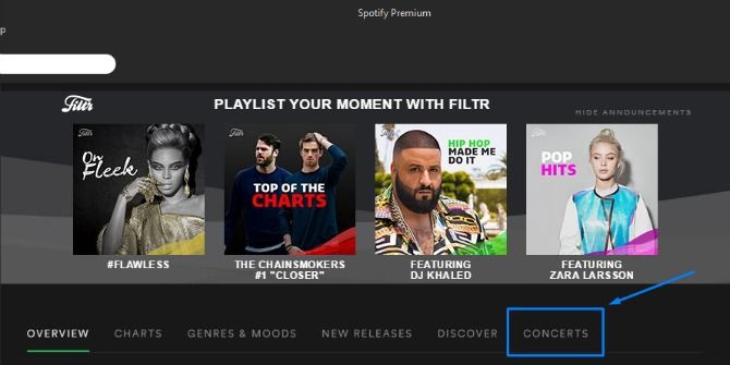 Страница Concerts в Spotify с ближайшими концертами