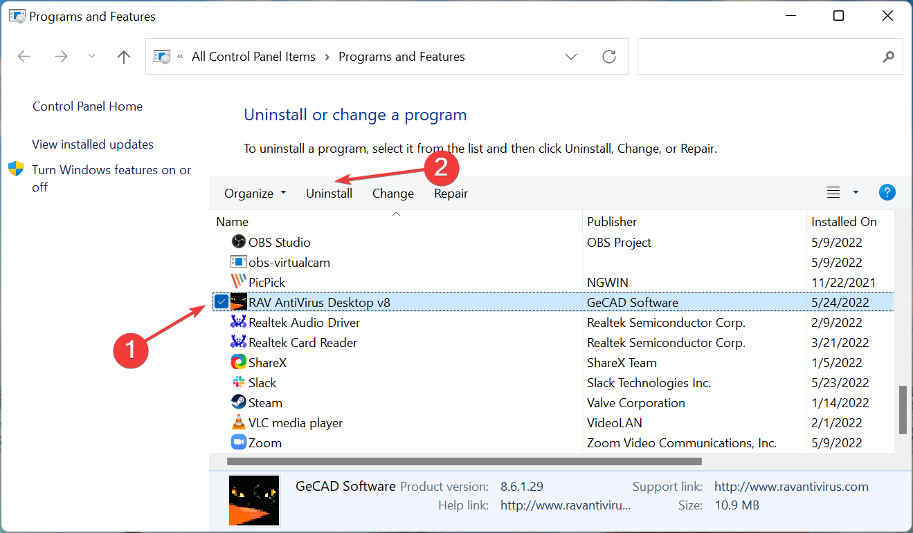 Удаление через Программы и компоненты