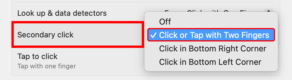 Окно Системных настроек macOS с настройкой вторичного щелчка для трекпада