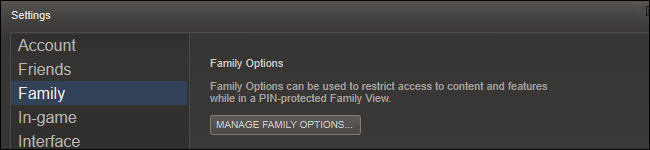 Окно настроек Семьи в клиенте Steam