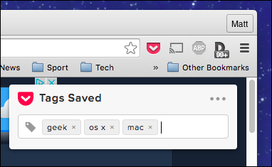 Поле добавления тегов при сохранении в Pocket