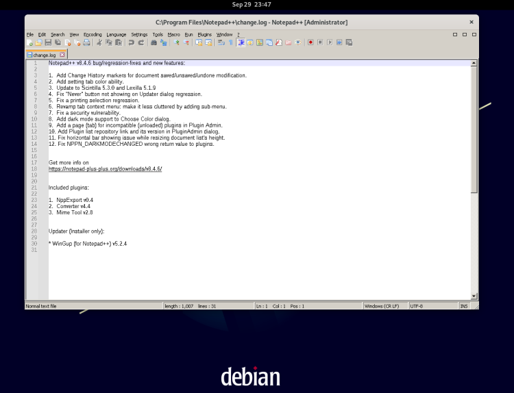 Окно Notepad++ в среде Wine