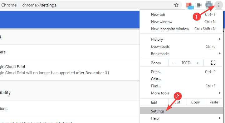Открытие Настроек Chrome через меню