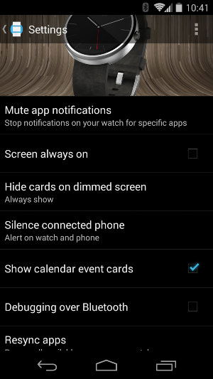 Настройки Android Wear в приложении