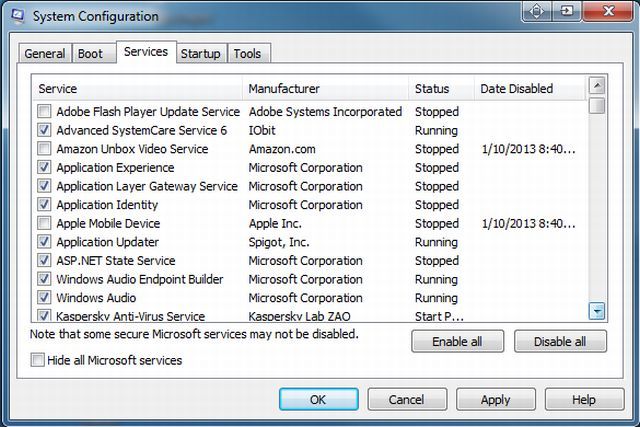 Вкладка Службы в MSConfig: отключение ненужных сервисов
