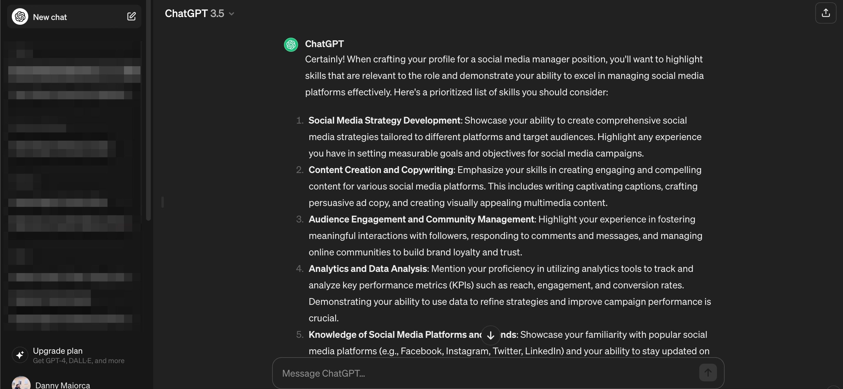 Список навыков для LinkedIn, сгенерированный ChatGPT