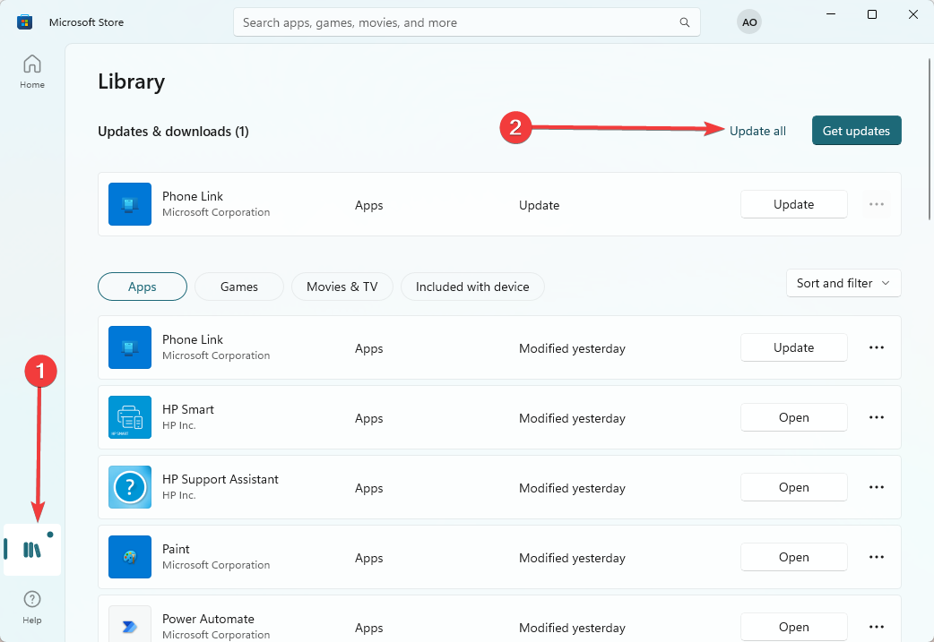 Кнопка Обновить всё в библиотеке Microsoft Store