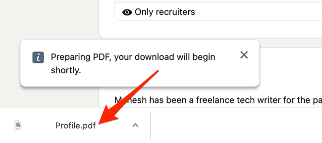 Скачанное резюме LinkedIn в окне браузера