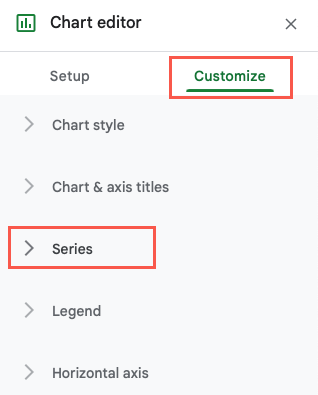 Секция Ряды на вкладке Настроить Редактора диаграмм