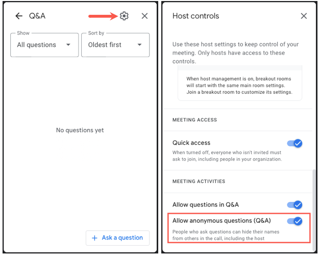 Переключатель разрешения анонимных вопросов в Google Meet