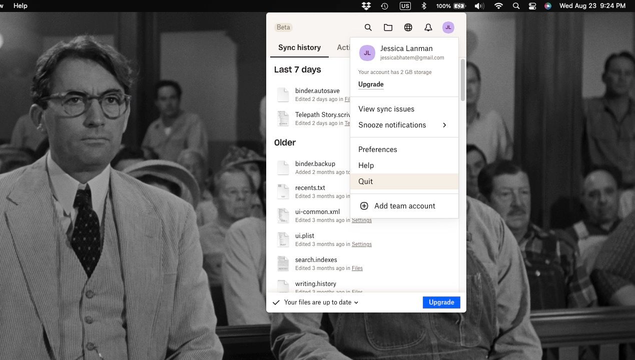 Вариант выхода из Dropbox на Mac выбран в меню
