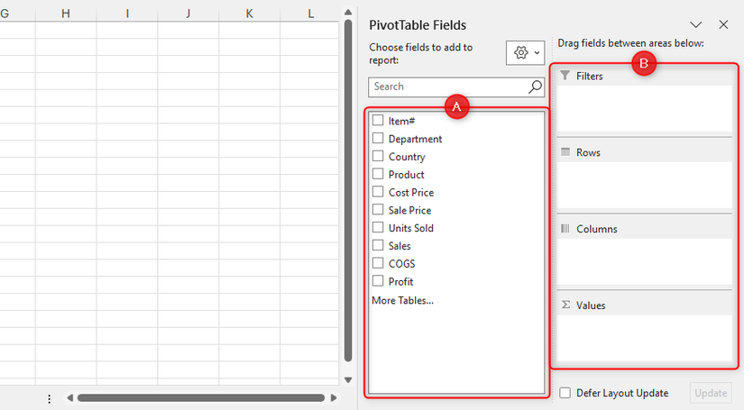 Разделы «Поля» и «Области» панели полей сводной таблицы расположены рядом.