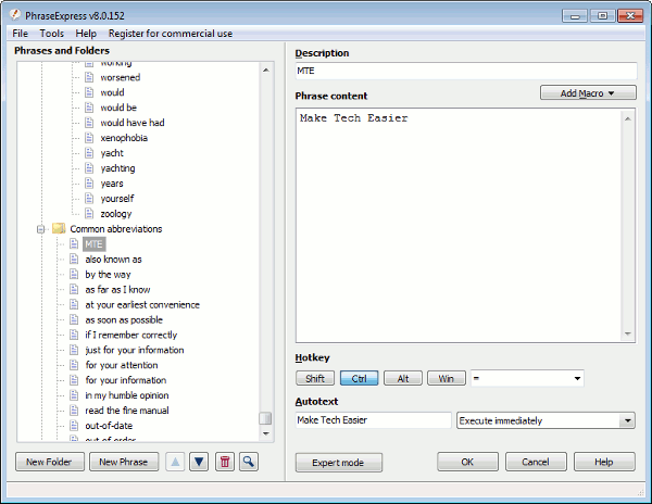 Создание новой фразы в PhraseExpress