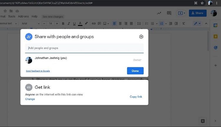Меню настроек доступа в Google Docs
