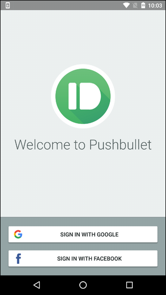 Экран входа Pushbullet на Android