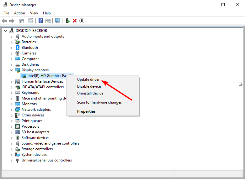 Процесс обновления драйвера в Windows, выбор параметра «Обновить драйвер»
