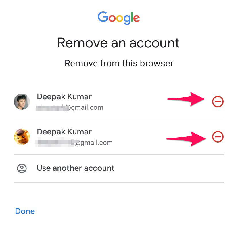 Значок минус для удаления аккаунта на странице выбора аккаунта Gmail