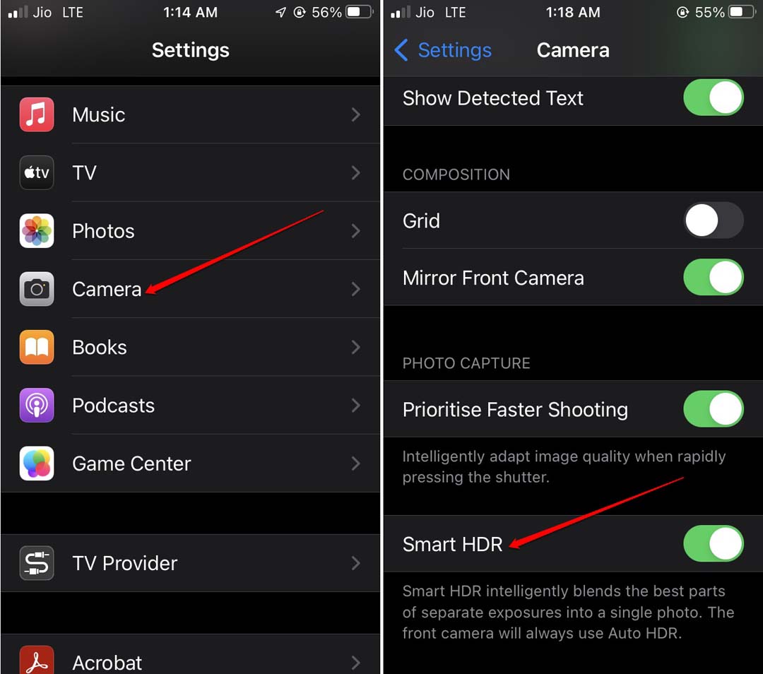 включить Smart HDR для камеры iPhone