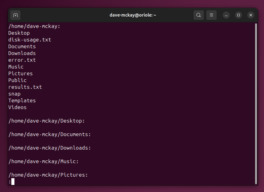 Результат рекурсивного ls, показанный в просмотрщике less.