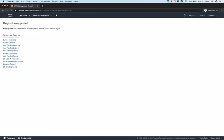 Выбор региона AWS в консоли