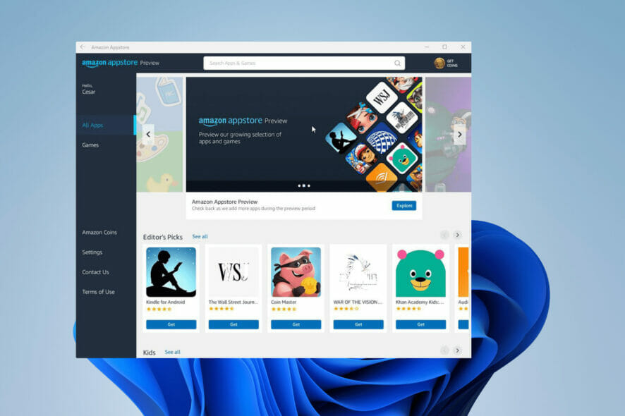 Windows 11에서 Amazon Appstore로 Android 앱 실행