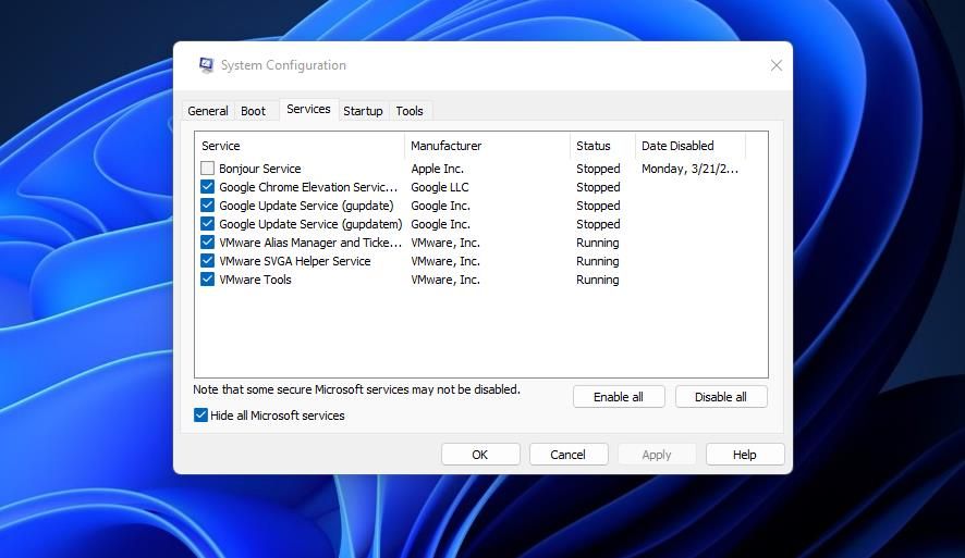 The Services tab in MSConfig