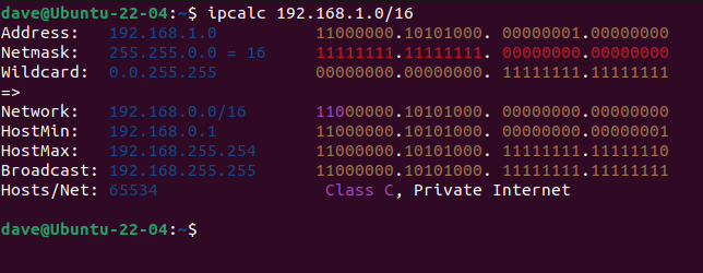 Вывод ipcalc при применении новой маски подсети.