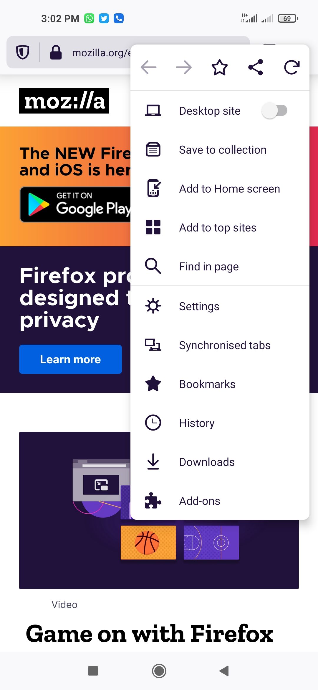 Меню включения cookie — мобильный Firefox