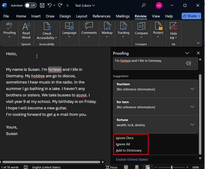 Просмотр предложений для орфографической ошибки после использования 
