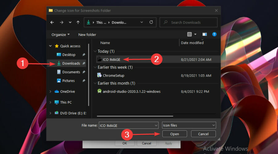 Выбор файла .ico в диалоге «Открыть»