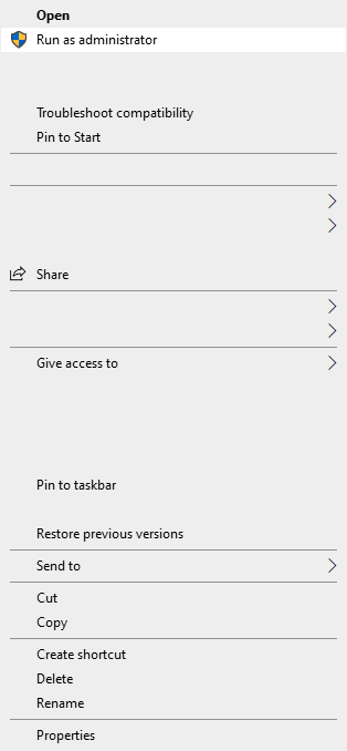 Menú contextual mostrando Ejecutar como administrador en Windows