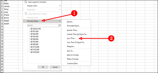 number filters less than