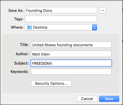 Диалог сохранения PDF с полями метаданных и выбором места