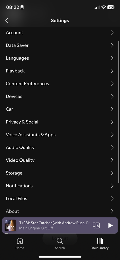 The Spotify app on an iPhone, with the general settings page open