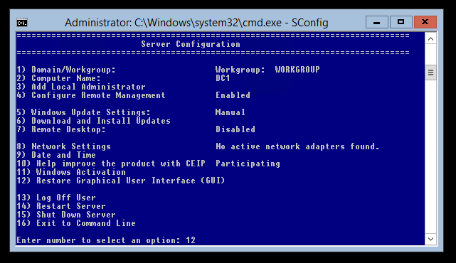Выбор пункта восстановления GUI в SConfig
