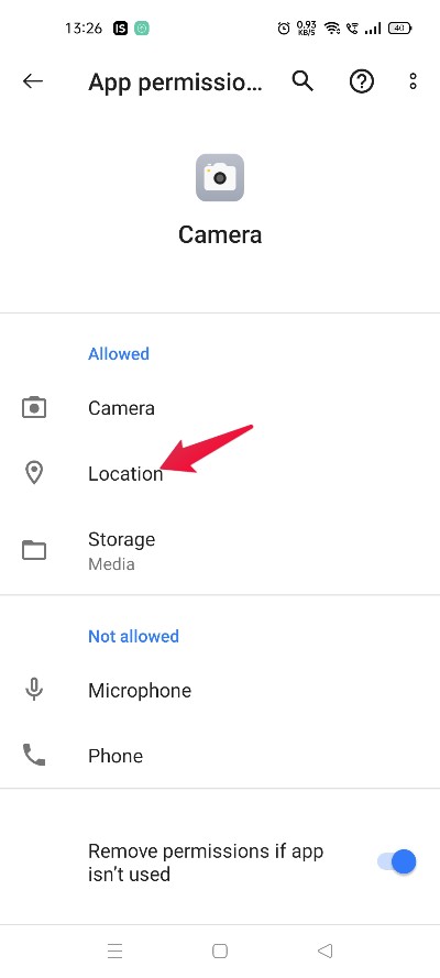 Экран: разрешение доступа к местоположению для камеры